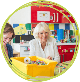 HRH The Duchess of Cornwall meeting staff in the messy play/art therapy room